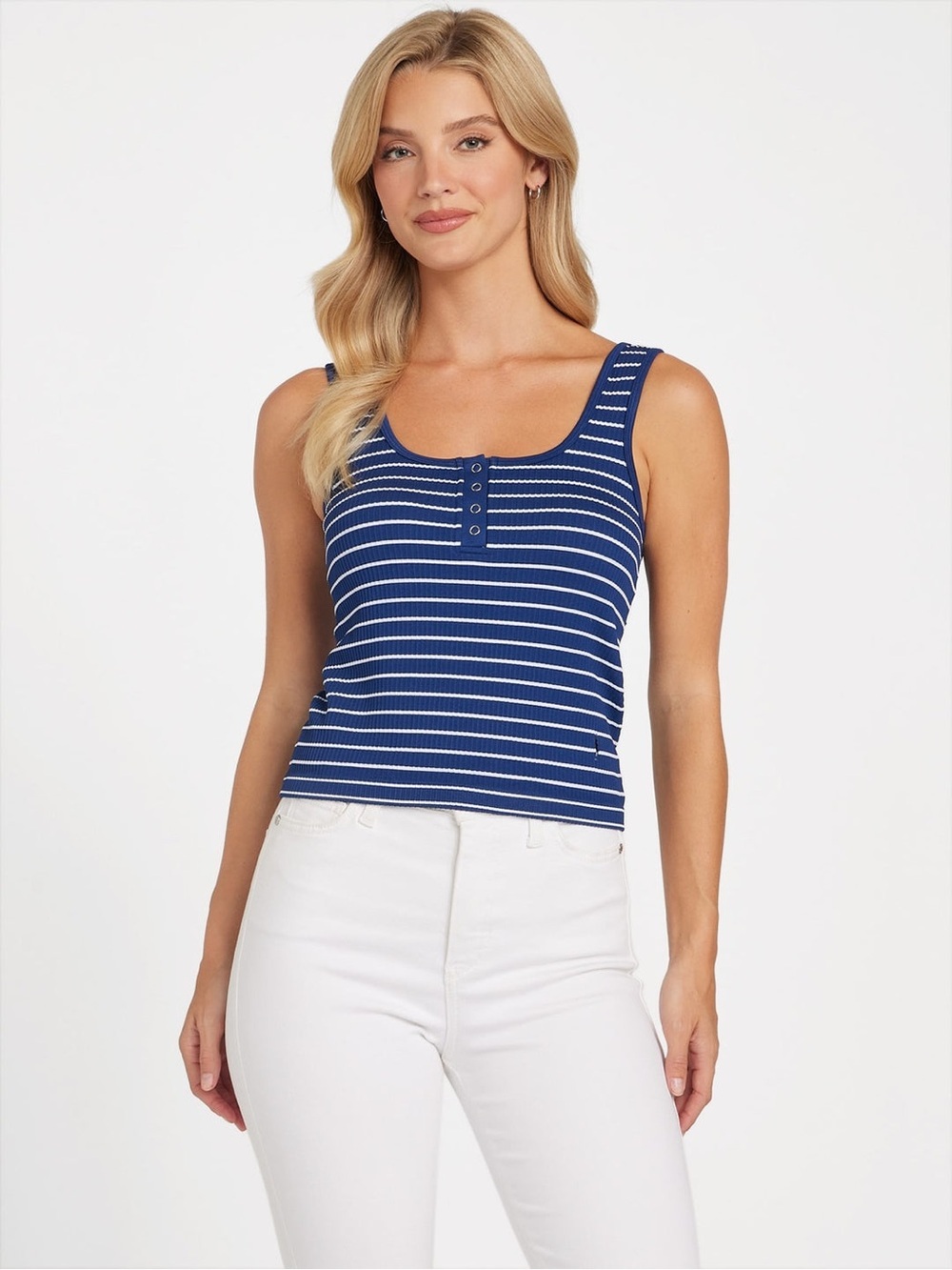 New Guess Navy and White Striped Ribbed Tank with Button Placket